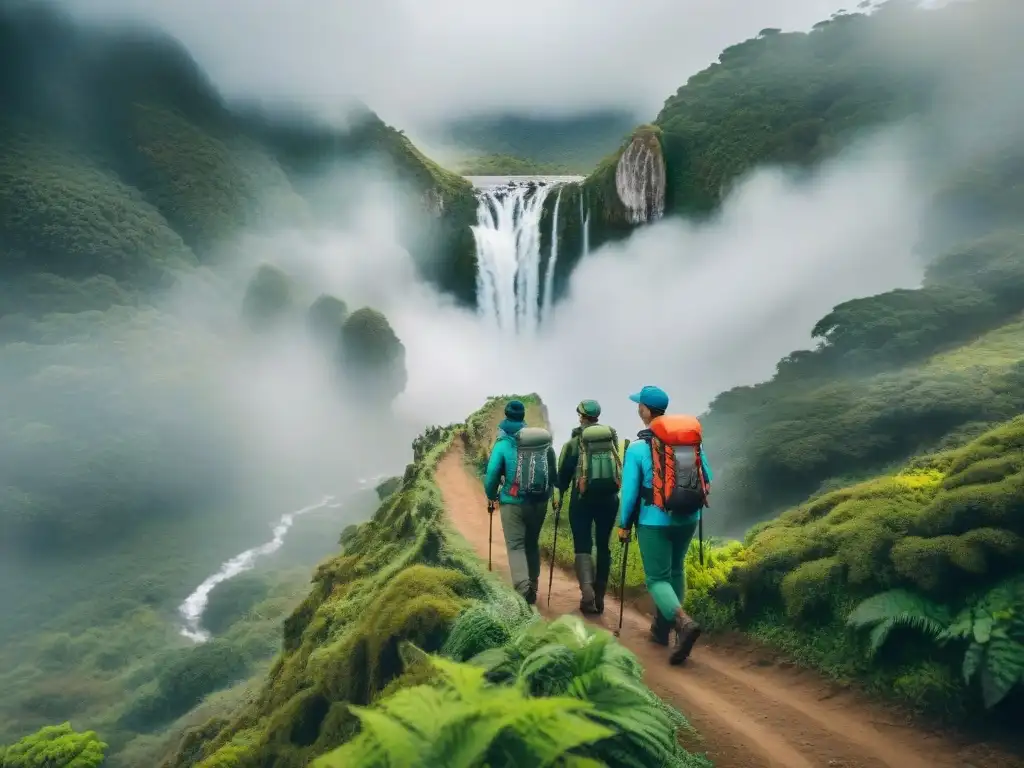 Exploradores en Uruguay: Aventura entre cascadas y selva Grupo de aventureros recorriendo exuberante naturaleza en Uruguay