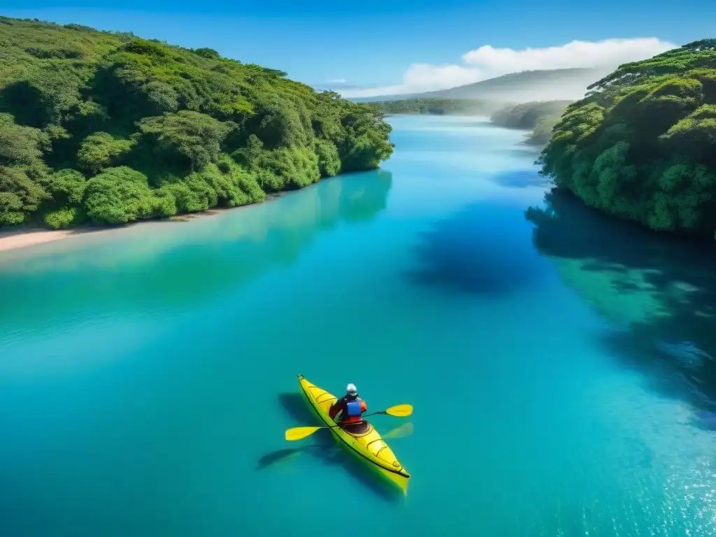 Kayak en Laguna Garzón: Aventura en aguas cristalinas de Uruguay Grupo de aventureros remando en kayaks en Laguna Garzón, Uruguay