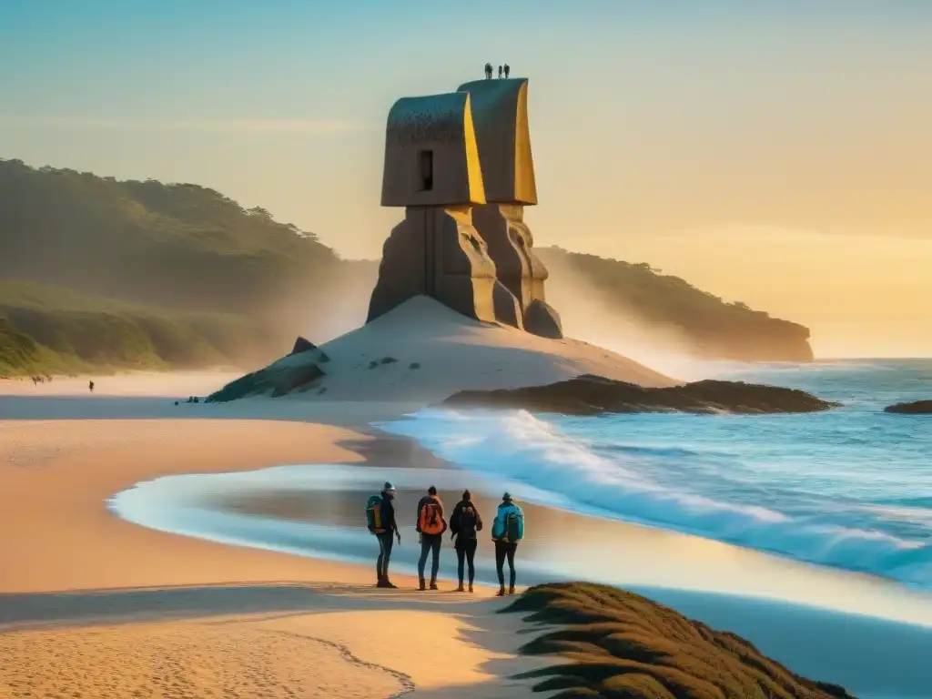 Exploradores admirando Los Dedos en Playa Brava, Punta del Este Grupo de aventureros maravillados por la icónica escultura Los Dedos en Playa Brava, Uruguay