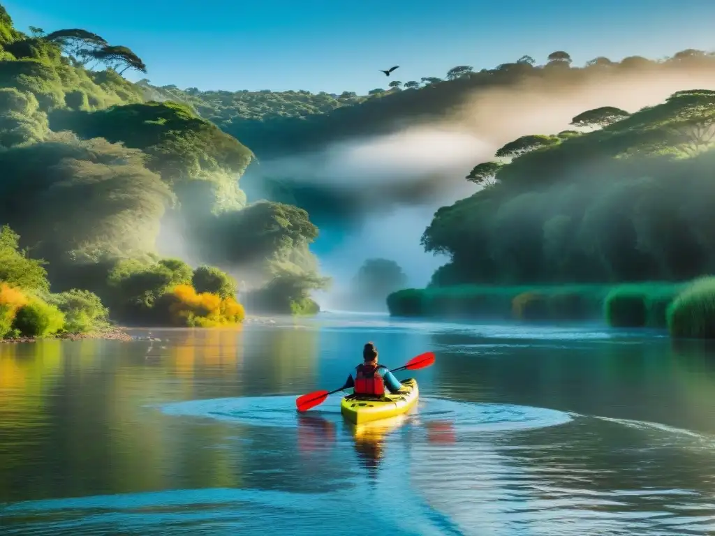 Descubre la aventura: Kayak en río de Uruguay Un grupo de aventureros remando en kayak por un río en Uruguay, rodeados de naturaleza exuberante y aves coloridas