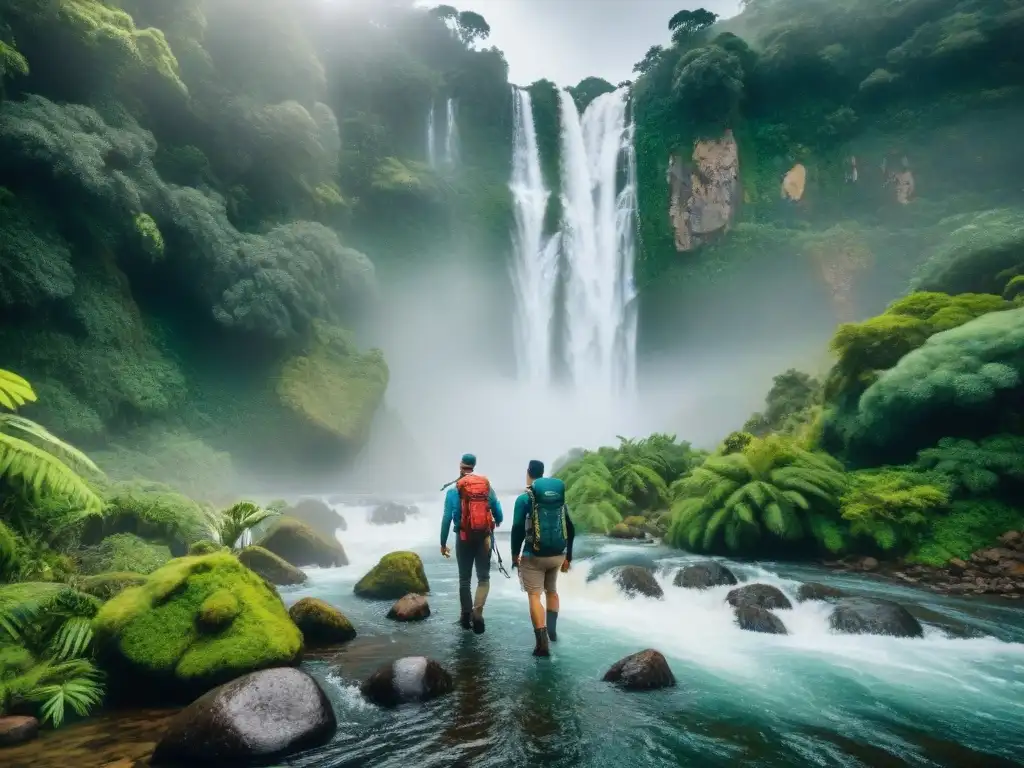 Exploradores en Uruguay: Aventura en la selva tropical Grupo de aventureros explorando selva uruguaya con guía local