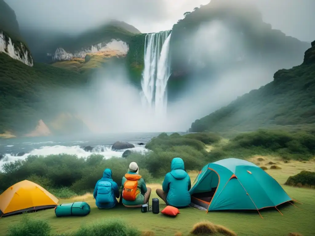 Exploradores uruguayos en paisajes vírgenes Grupo de aventureros uruguayos con ropa de camping resistente a la intemperie, montando campamento cerca de una cascada