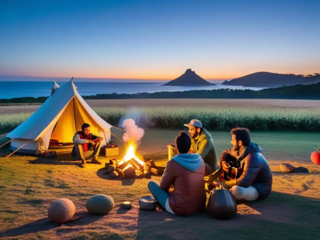 Campamento uruguayo: fogata, mate y música bajo las estrellas Grupo disfruta de la tradición de camping en Uruguay alrededor de fogata, mate y música bajo estrellado cielo