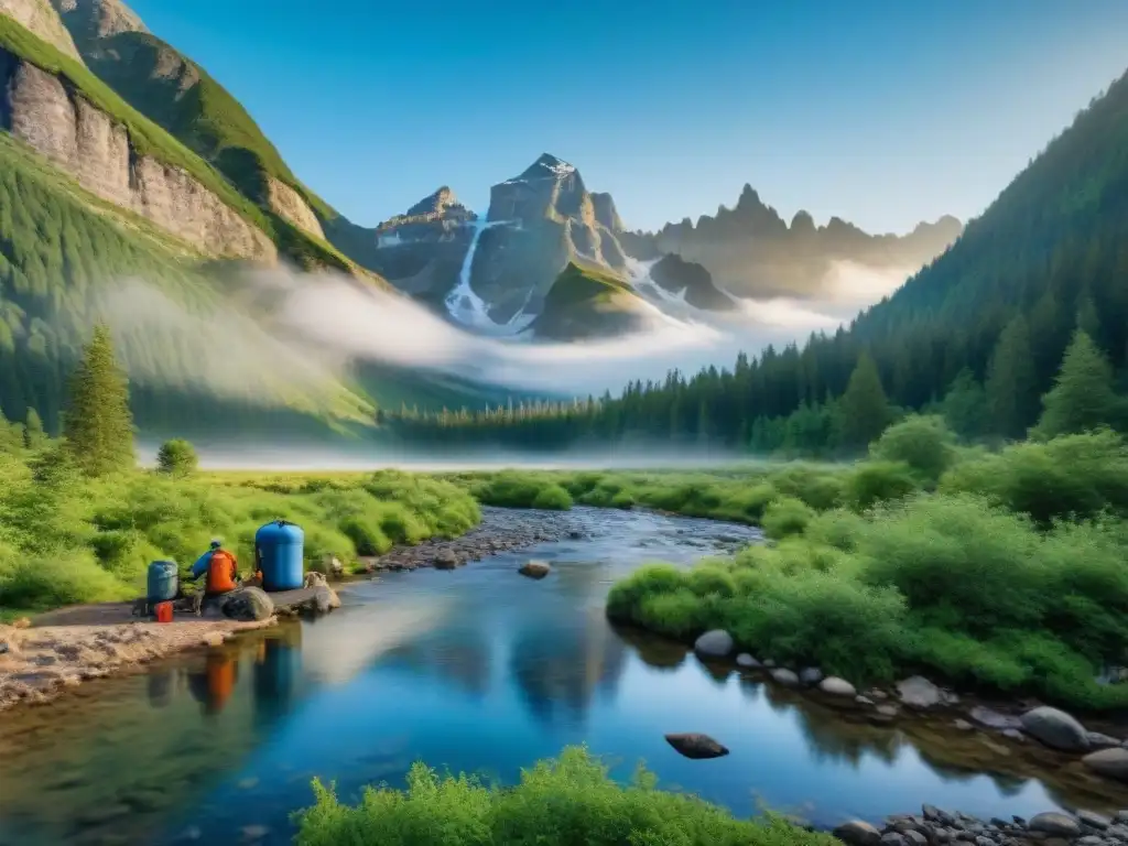 Campamento en la montaña: purificación de agua en acción Grupo de campistas filtrando agua de arroyo en la montaña con sistemas avanzados