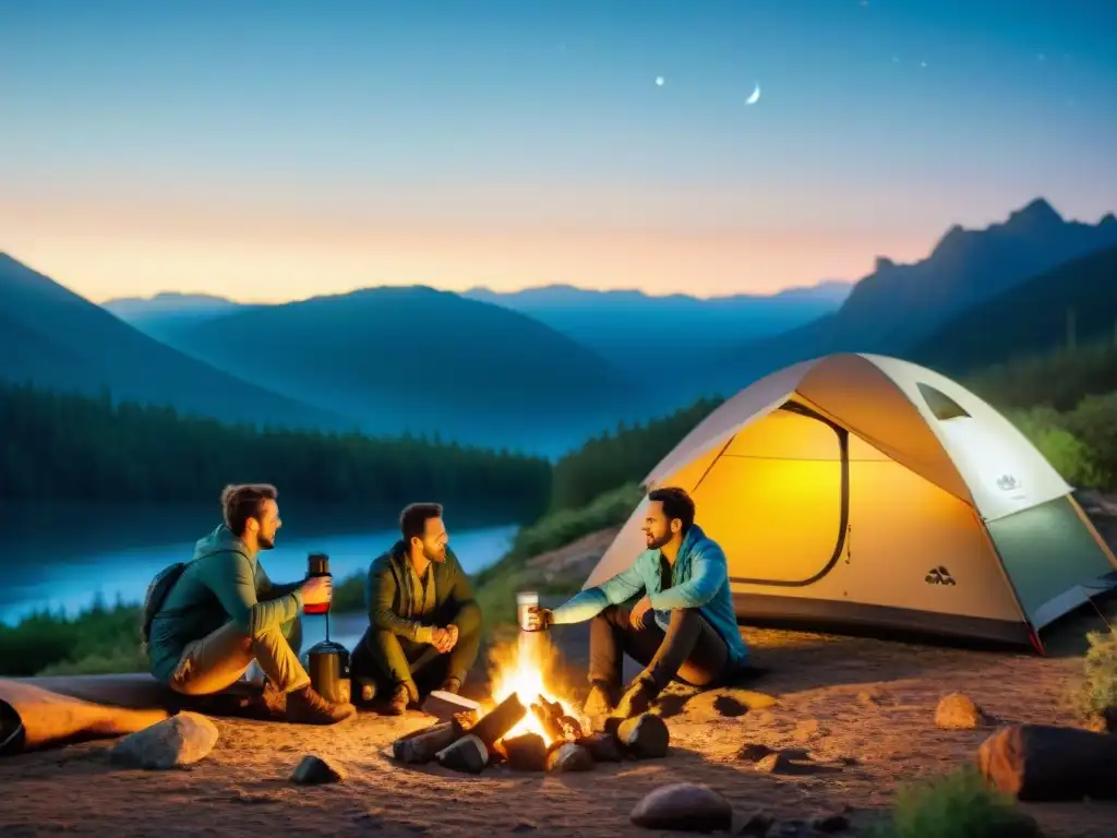 Campamento estelar con sistema de filtración de agua avanzado Grupo de campistas disfrutando de agua filtrada alrededor de fogata en noche estrellada