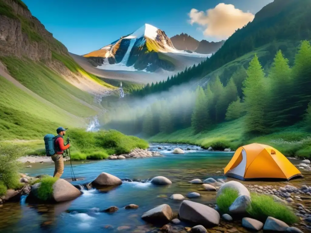 Avanzada tecnología de purificación de agua en la naturaleza Grupo de campistas disfrutando de agua purificada en la naturaleza con sistema de filtración avanzado