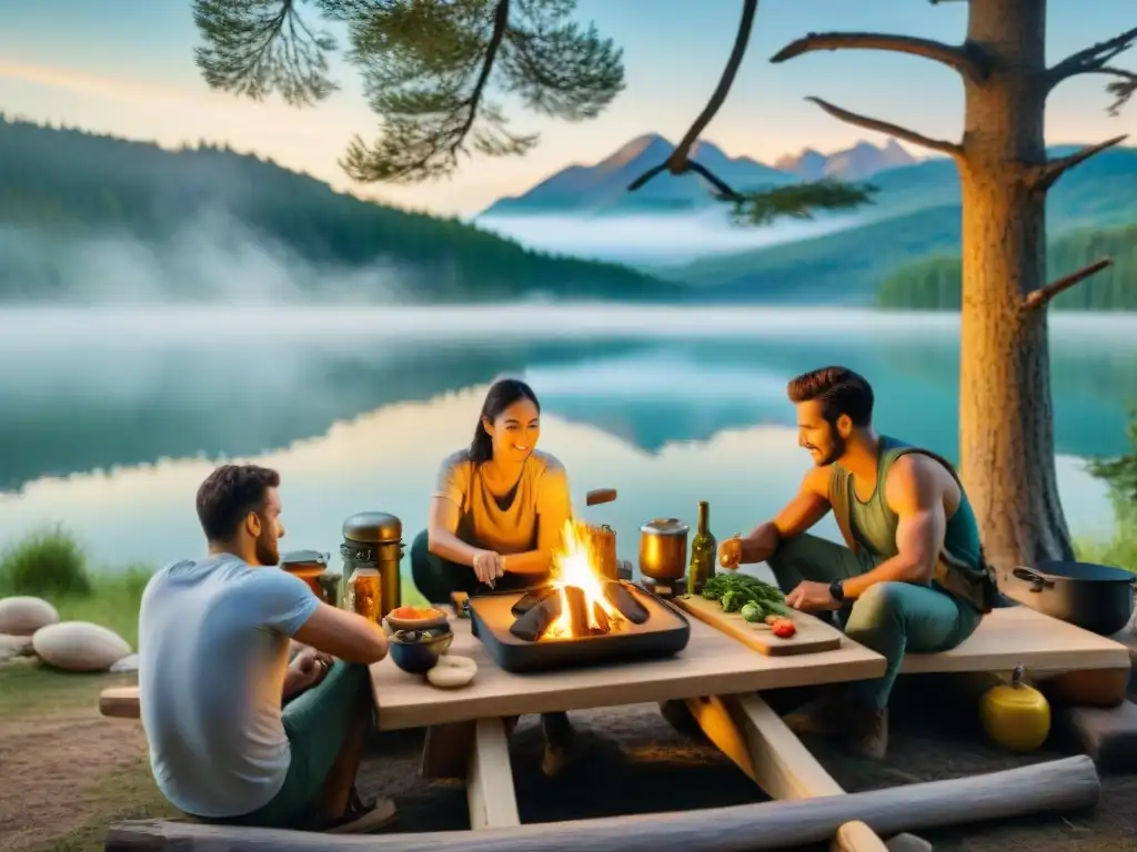Cocina al aire libre: campamento junto al lago al atardecer Grupo de campistas cocinando al aire libre en un entorno natural, creando recetas camping sin fuego creativas
