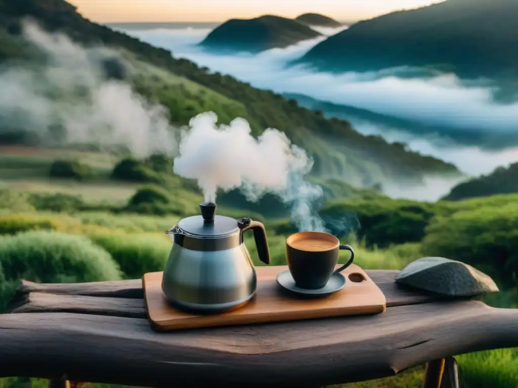 Desayuno entre amigos: Café al amanecer en la naturaleza de Uruguay Grupo de campistas disfrutando del amanecer alrededor de una fogata en Uruguay con cafetera portátil y café recién hecho