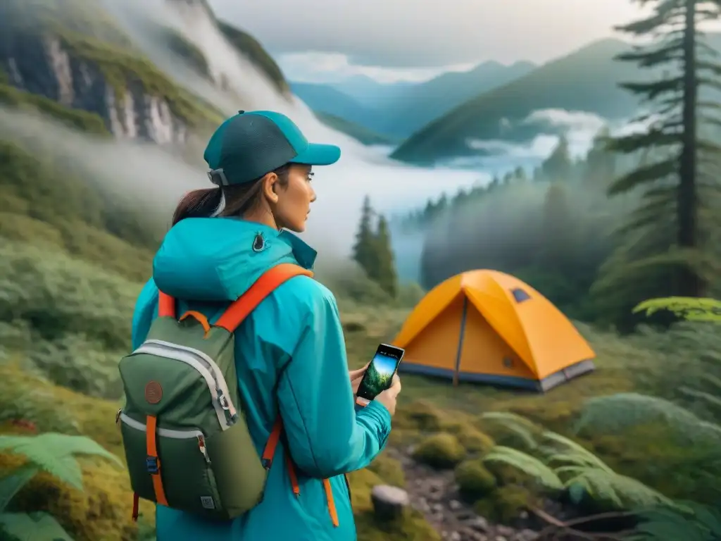 Exploración en la naturaleza: campistas identifican flora y fauna con apps Grupo de campistas usando aplicaciones de identificación de flora y fauna en el bosque