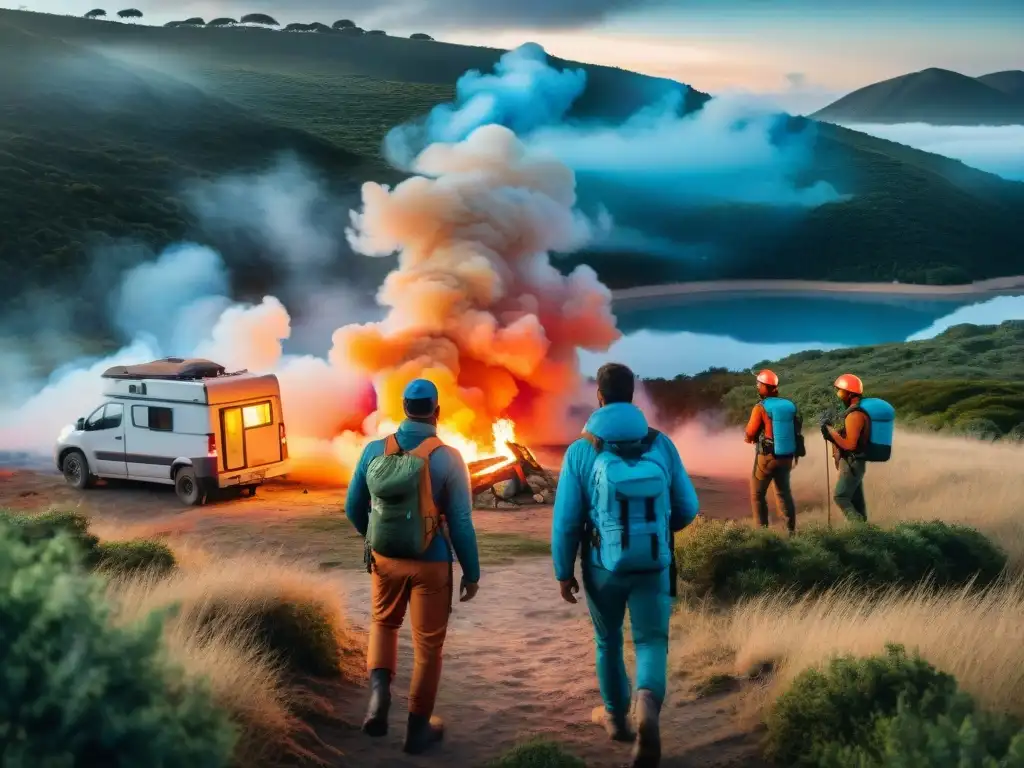 Rescate urgente: campistas en apuros en Uruguay Grupo de campistas en apuros en Uruguay, usando señales de socorro en medio de la naturaleza
