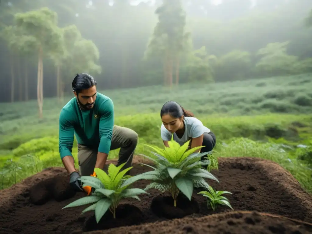 Reforestación comunitaria: sembrando esperanza en el bosque de Uruguay Un grupo de campistas planta árboles en un bosque exuberante de Uruguay, mostrando el impacto de la reforestación en camping