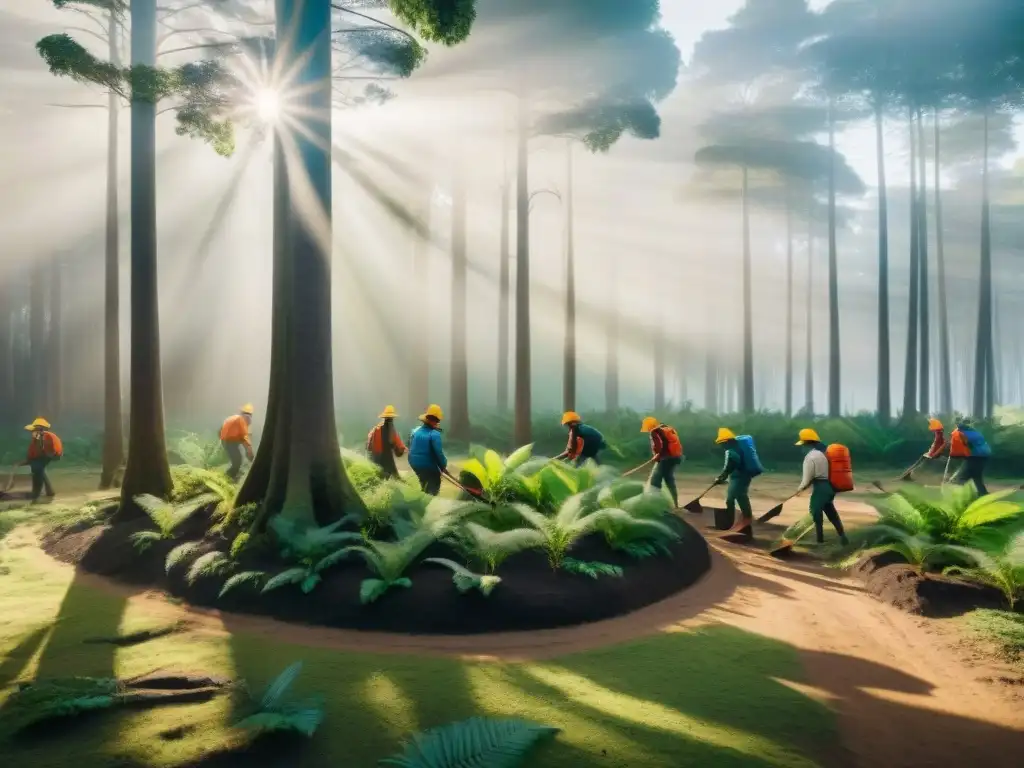 Reforestación comunitaria: campamento en Uruguay plantando árboles Un grupo de campistas plantando árboles en un bosque frondoso de Uruguay