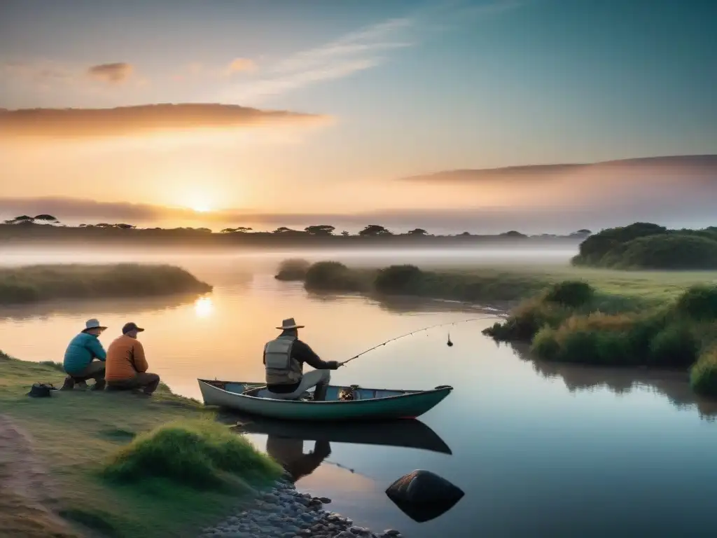 Pescadores expertos disfrutan del atardecer en el río Uruguay Grupo de campistas pescando al atardecer en un río de Uruguay, mostrando técnicas de pesca para camping en Uruguay