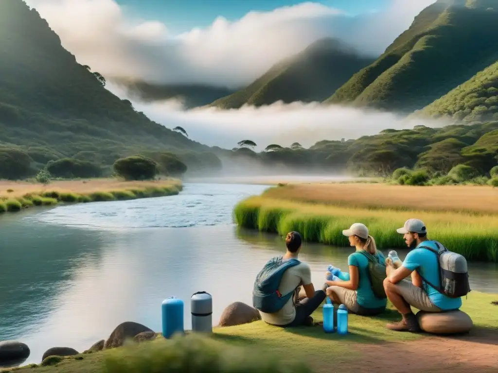 Campamento eco-amigable con filtro de agua en Uruguay Grupo de campistas en Uruguay usando avanzados filtros de agua cerca de un río, rodeados de naturaleza exuberante