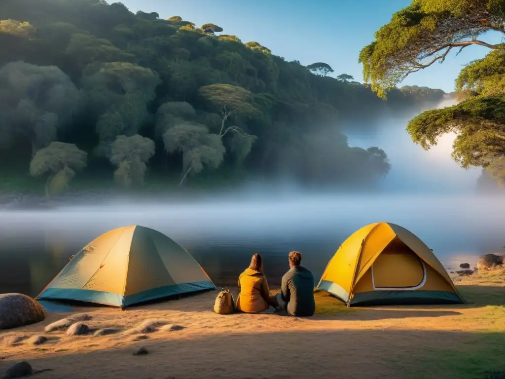 Campamento de aventura en Uruguay: conexión con la naturaleza Un grupo de campistas aventureros montando una tienda de campaña en el exuberante paisaje de Uruguay con equipo de camping
