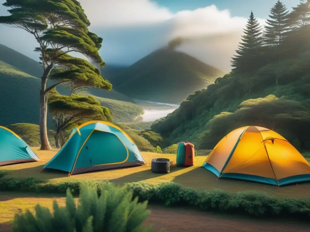 Camping aventurero en bosque de Uruguay: ¡Prepara tu seguro de viaje! Grupo de campistas aventureros armando tiendas de colores en un bosque de Uruguay