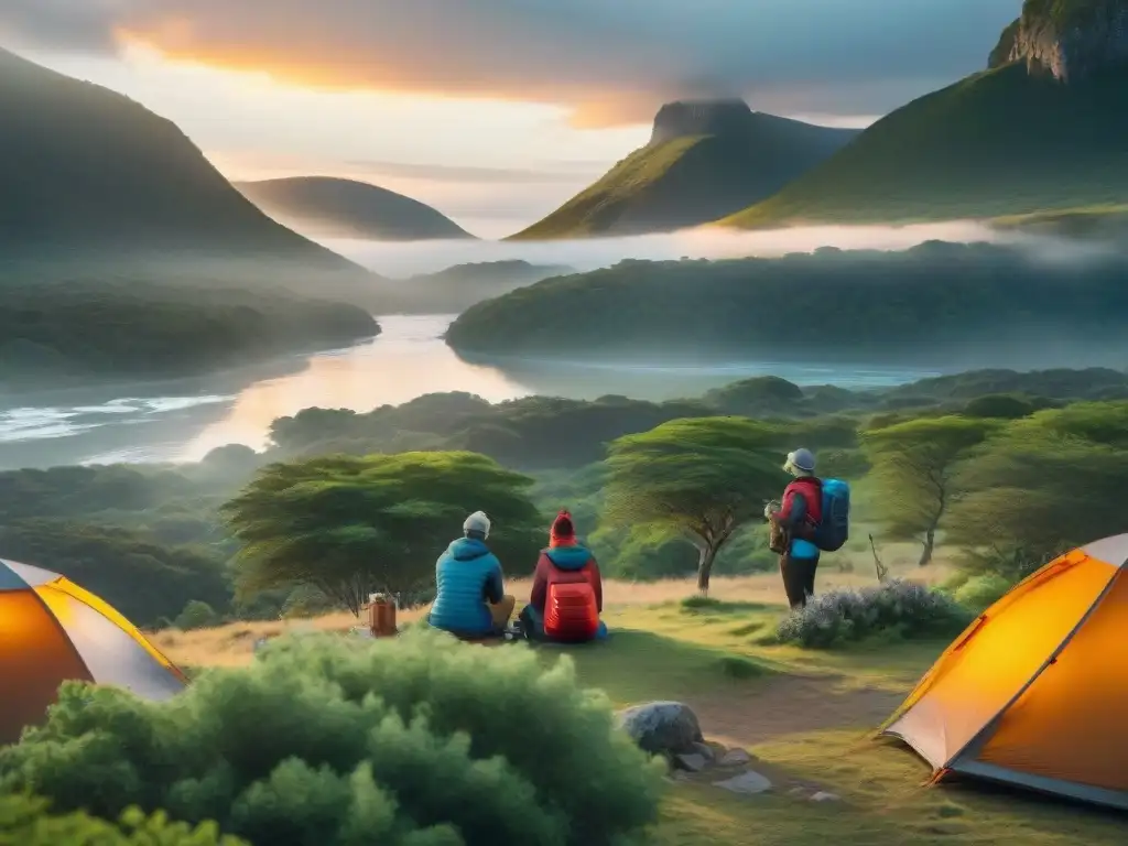 Campamento en la naturaleza: diversión y compañerismo en Uruguay Un grupo de campistas aventureros armando tiendas en un hermoso campamento en Uruguay