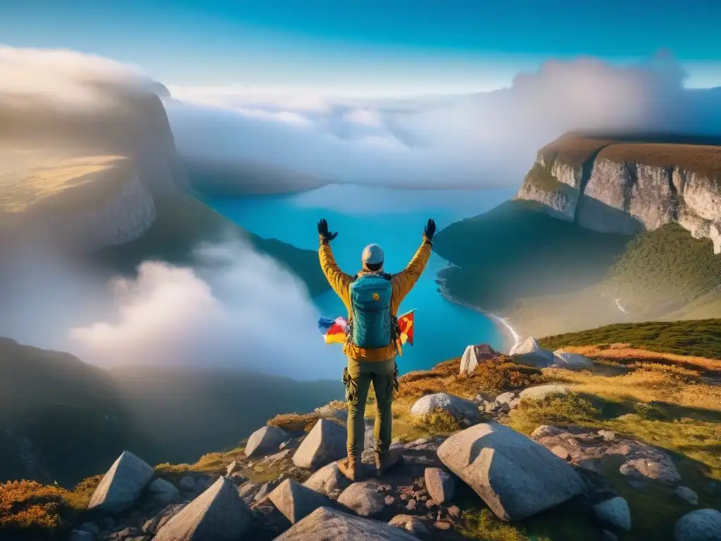 Exploradores en acantilado con banderas en la naturaleza de Uruguay Grupo de campistas ondeando banderas brillantes en un acantilado rocoso en Uruguay