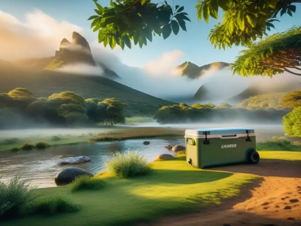 Reunión campestre: Diversión y relax en Uruguay Un grupo de campistas disfruta de bebidas frescas y snacks alrededor de un cooler en la naturaleza de Uruguay