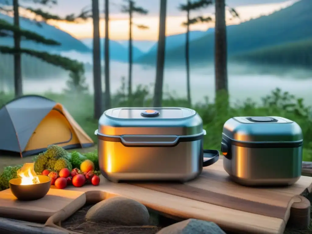 Vacuumsealing de alimentos en el camping: precisión y cuidado Grupo de campistas en un bosque envasando alimentos al vacío con precisión