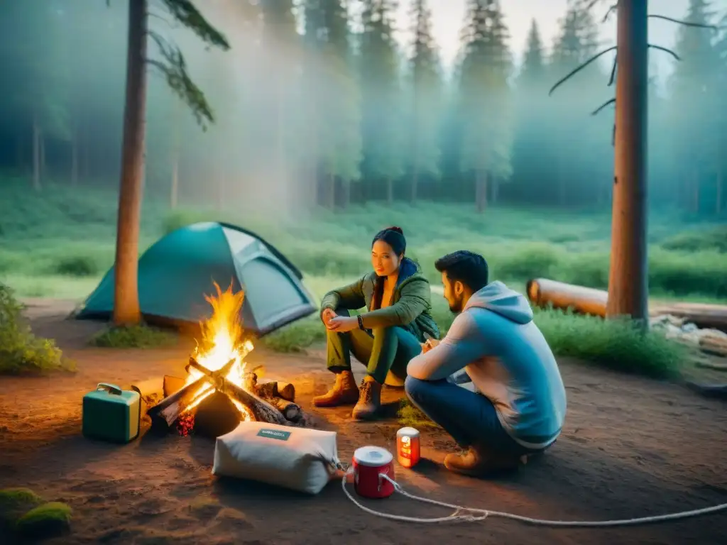 Campamento en el bosque: primeros auxilios alrededor de la fogata Grupo de campistas en el bosque, uno cura una herida