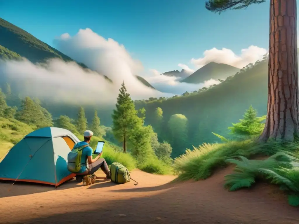 Campamento tecnológico en el bosque: conectividad y aventura al aire libre Un grupo de campistas en un bosque, usando tecnología wearable para campistas en una escena de aventura al aire libre