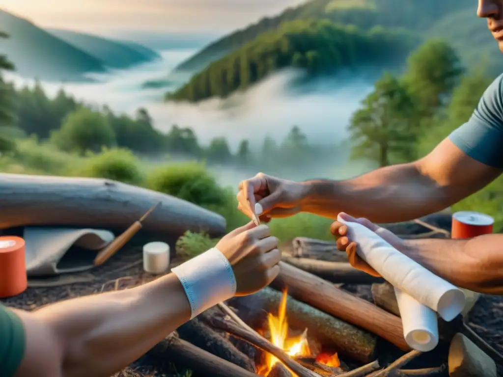 Escena de campamento: Error en primeros auxilios en el bosque Grupo de campistas en el bosque, uno aplica mal vendaje