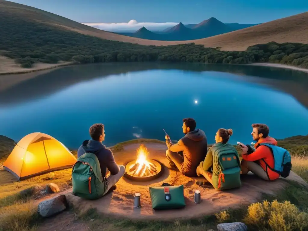 Clase de orientación nocturna en campamento en Uruguay Un grupo de campistas en Uruguay aprendiendo orientación con brújula y mapa en una noche estrellada