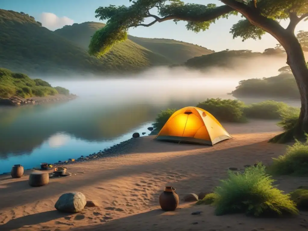 Campamento idílico a orillas de un río en Uruguay Grupo de campistas disfrutando de la calma del río en Uruguay