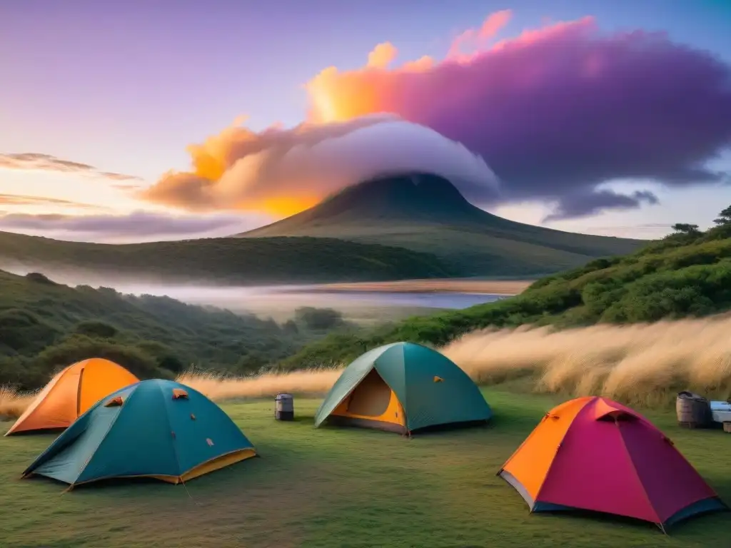 Campamento en Uruguay al atardecer: naturaleza, amistad y aventura Grupo de campistas en Uruguay montando campamento al atardecer junto al río, bajo cielo naranja, rosa y morado