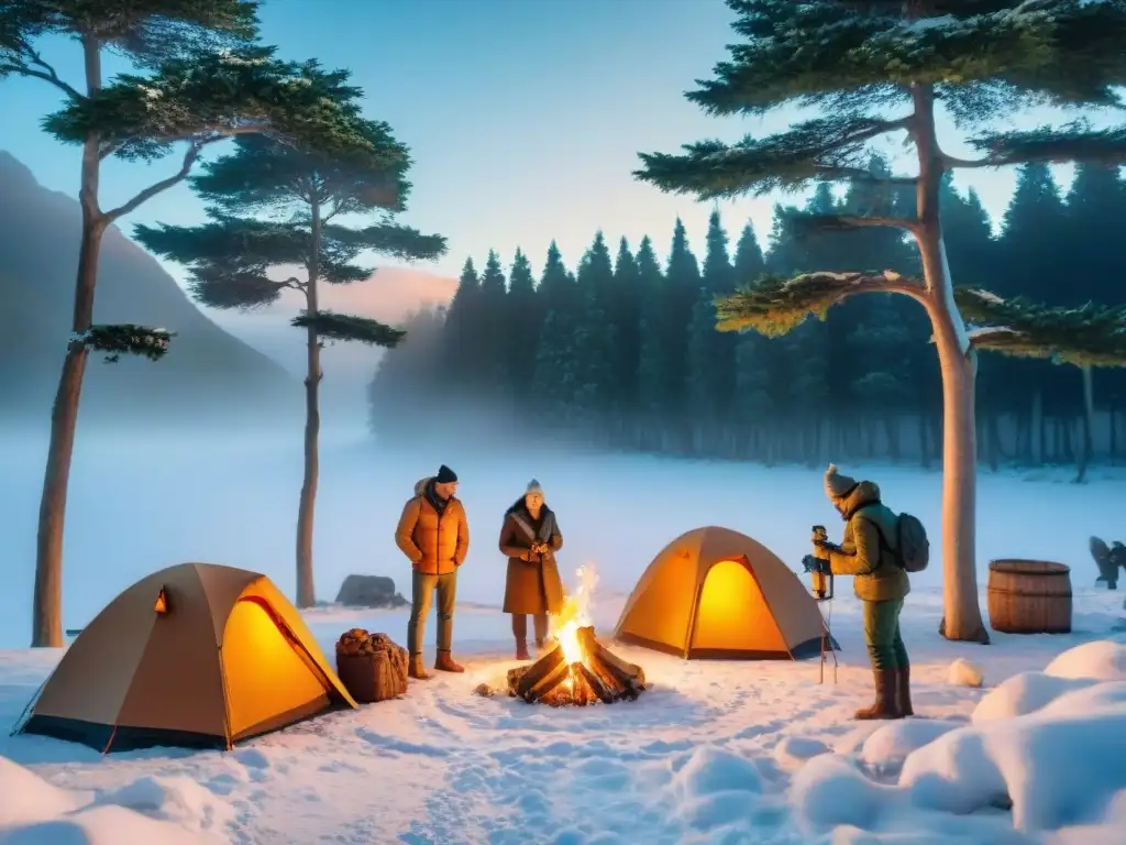 Campamento invernal en Uruguay: naturaleza, aventura y acogedoras fogatas Grupo de campistas montando un campamento de invierno en Uruguay, rodeados de árboles nevados y un paisaje invernal sereno