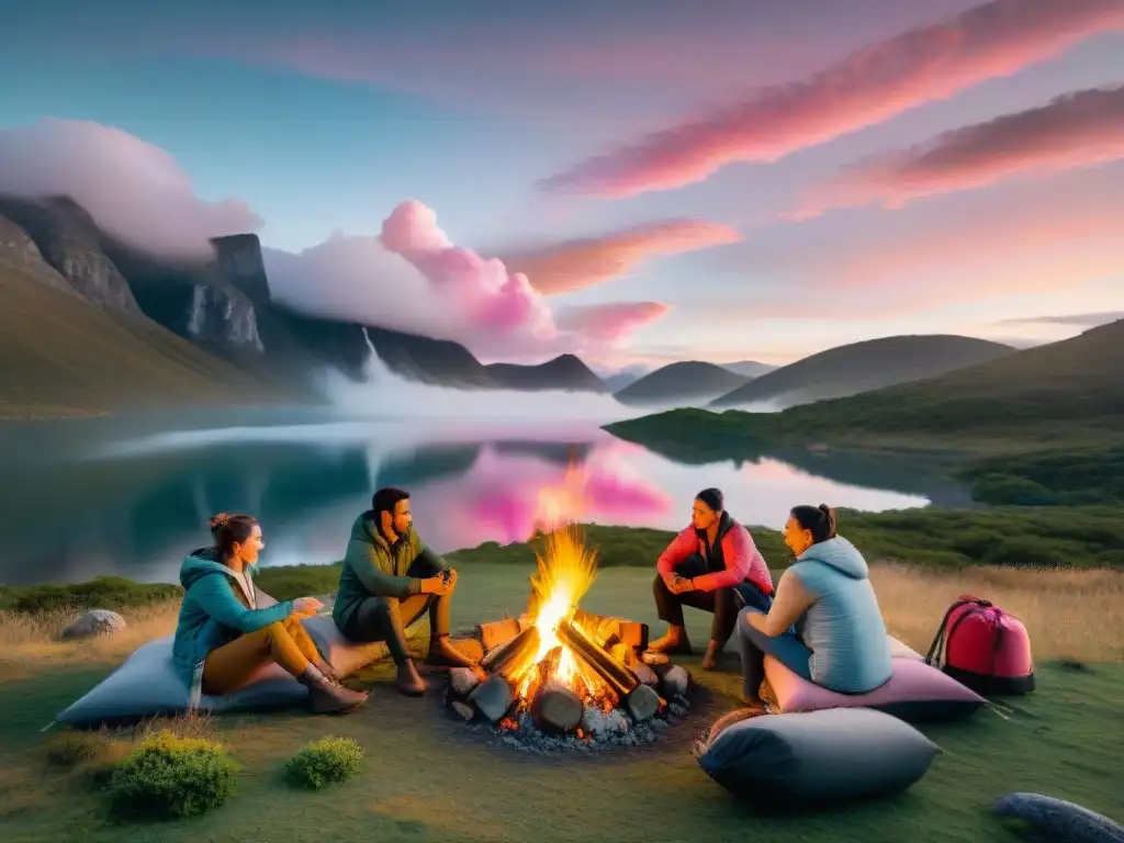 Acampando en armonía: fogata al atardecer en la naturaleza de Uruguay Un grupo de campistas disfruta de un campamento responsable en Uruguay alrededor de una fogata al anochecer, con un hermoso atardecer de fondo