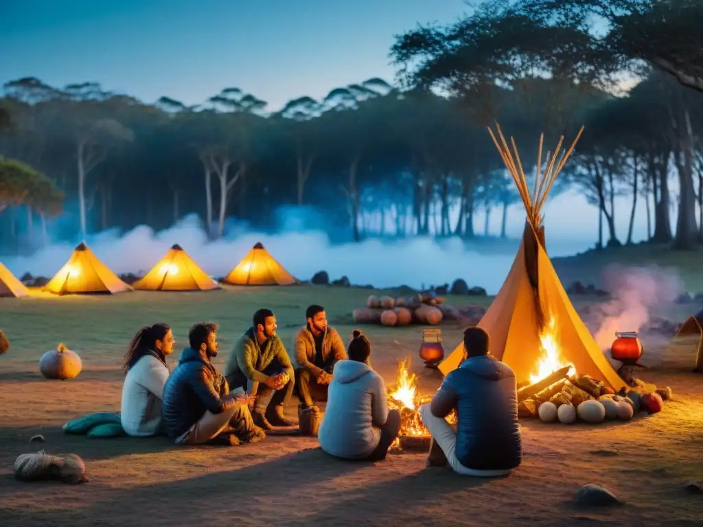 Campamento nocturno en Uruguay: mates, conversaciones y estrellas Grupo de campistas disfrutando del campamento salvaje en Uruguay alrededor de fogata, con mate y termos