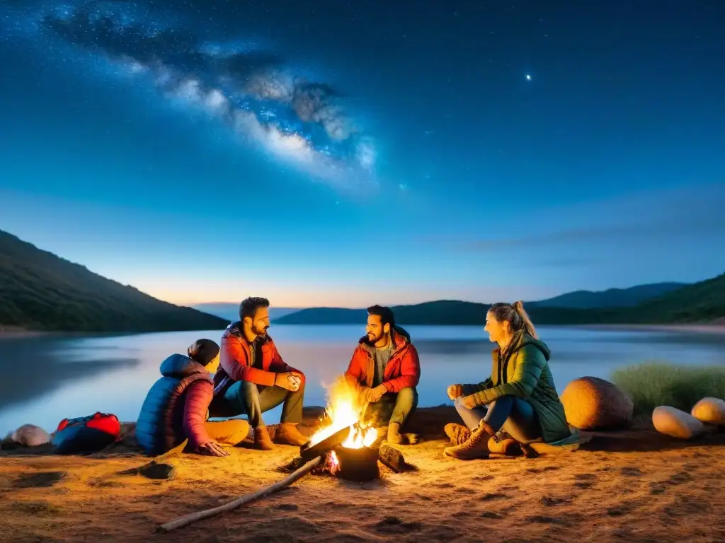 Campamento sostenible bajo las estrellas en Uruguay Grupo de campistas disfrutando de un campamento sostenible en Uruguay con equipos ecoamigables bajo un cielo estrellado