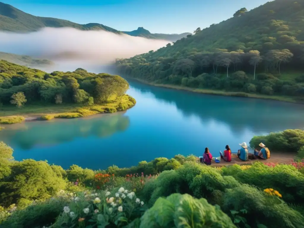 Exploración en Uruguay: Campamento con GPS en el bosque Grupo de campistas en Uruguay usando GPS para camping, explorando un bosque exuberante con río sereno al fondo