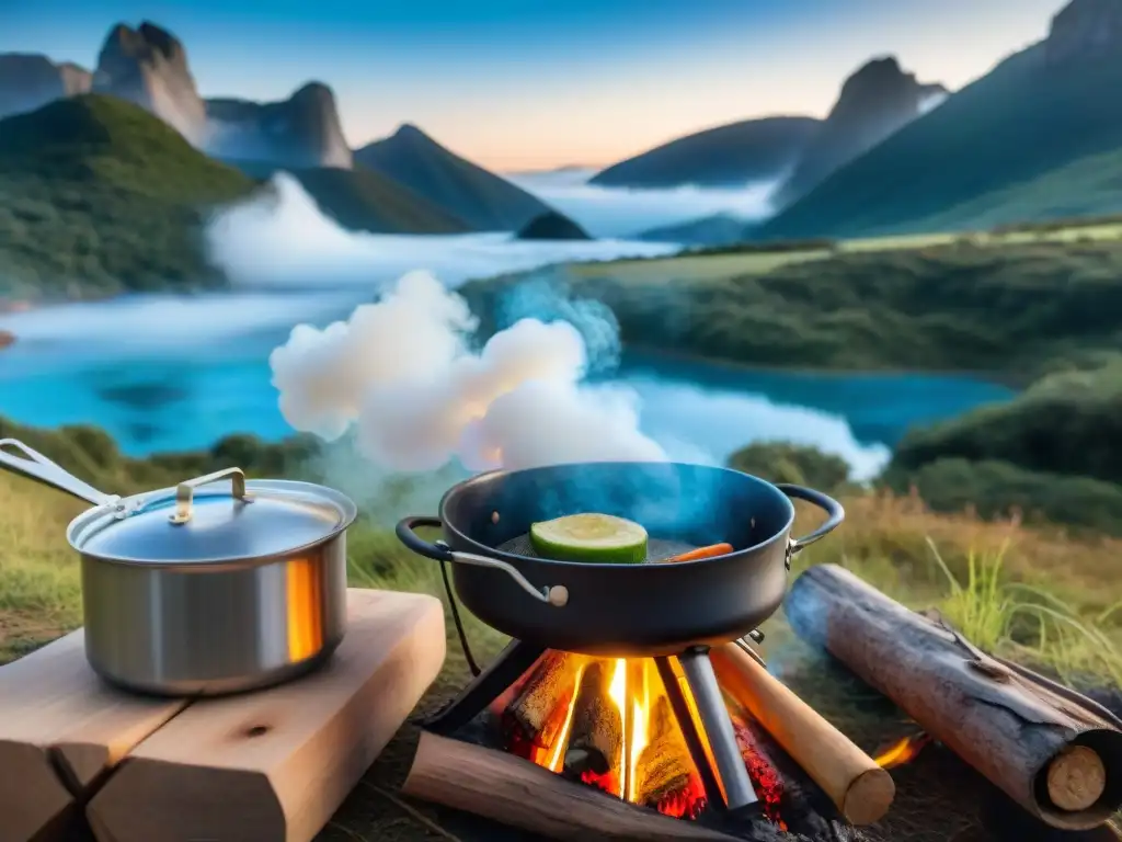 Cocina al aire libre en Uruguay: campamento en la naturaleza Grupo de campistas en Uruguay cocinan en un camping con cocinas portátiles económicas para campistas