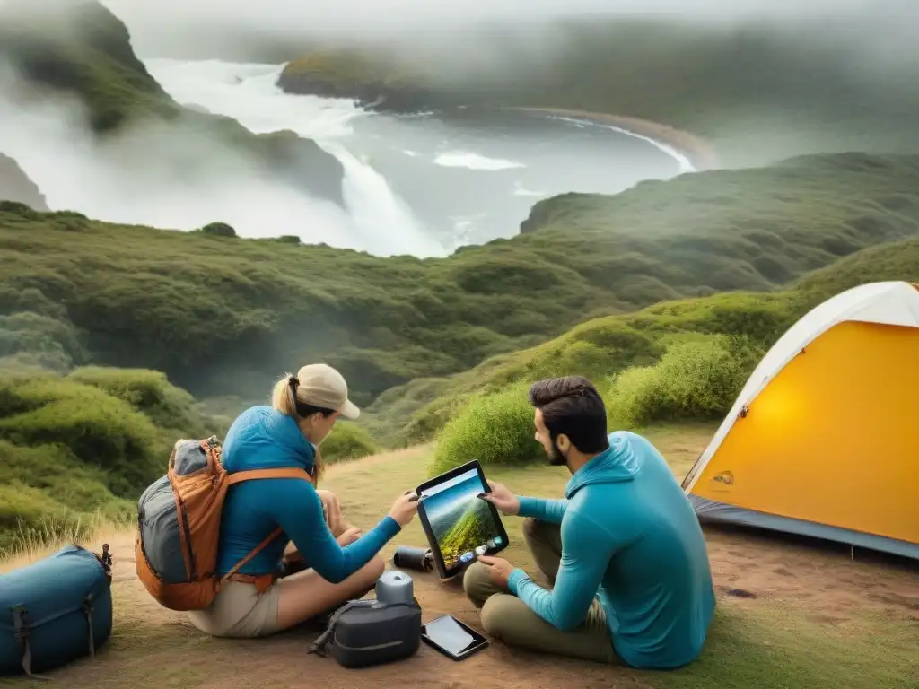 Exploración GPS: Campamento en Uruguay Grupo de campistas en Uruguay usando GPS para camping en medio de exuberante vegetación, preparando fogata y consultando mapas en tablet