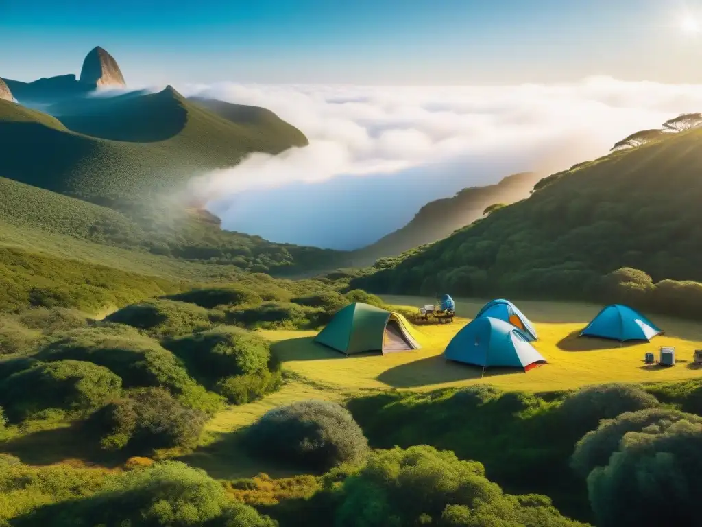 Camping tecnológico en Uruguay: Naturaleza y tecnología en armonía Un grupo de campistas disfruta de un camping tecnológico en Uruguay, rodeados de naturaleza exuberante y equipamiento de alta tecnología