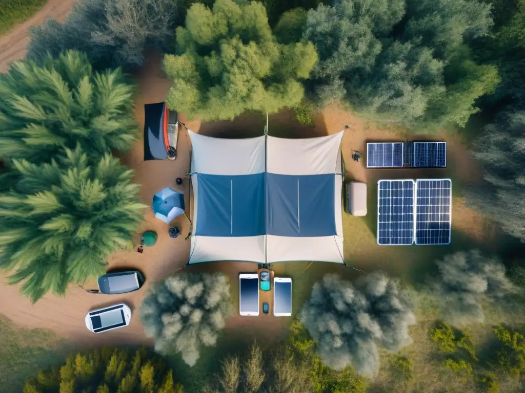 Campamento tecnológico de lujo en Uruguay Un grupo de campistas disfruta de un camping tecnológico en Uruguay con tiendas solares y gadgets inteligentes