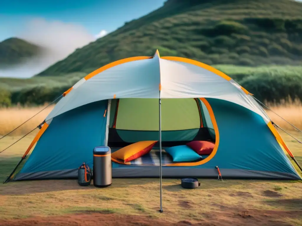 Campamento tecnológico en Uruguay: integración de modernidad y naturaleza Un grupo de campistas en Uruguay disfruta de un camping tecnológico entre la exuberante naturaleza