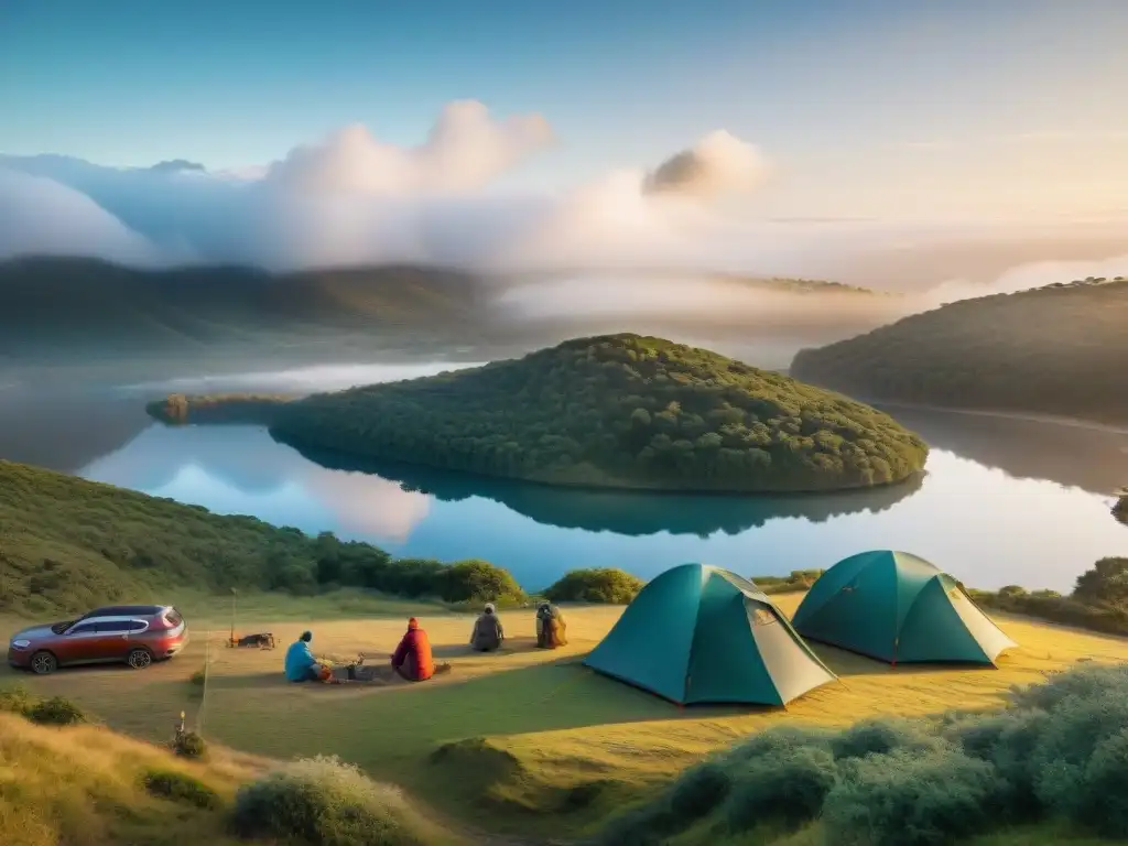 Campamento tecnológico en Uruguay: preparación y disfrute en la naturaleza Grupo de campistas en Uruguay montando carpas junto a un lago, usando aplicaciones para predecir el tiempo durante su camping