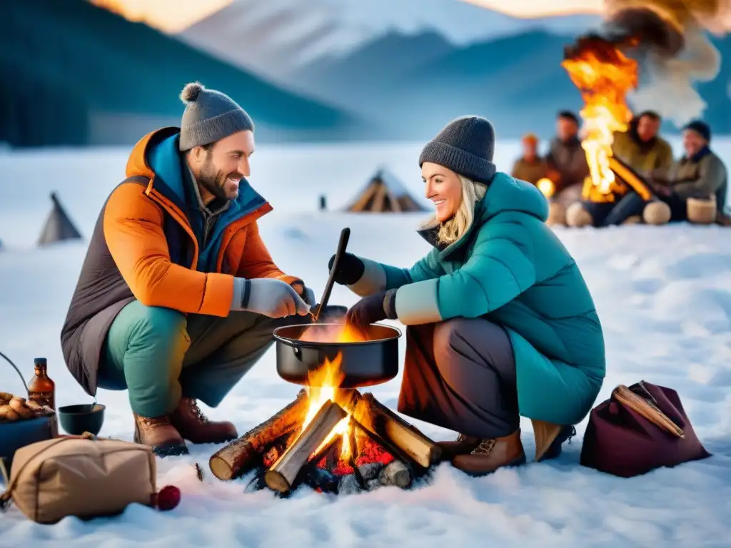 Campamento invernal: Comida reconfortante alrededor del fuego Un grupo de campistas disfruta de una cena alrededor de la fogata en un paisaje nevado
