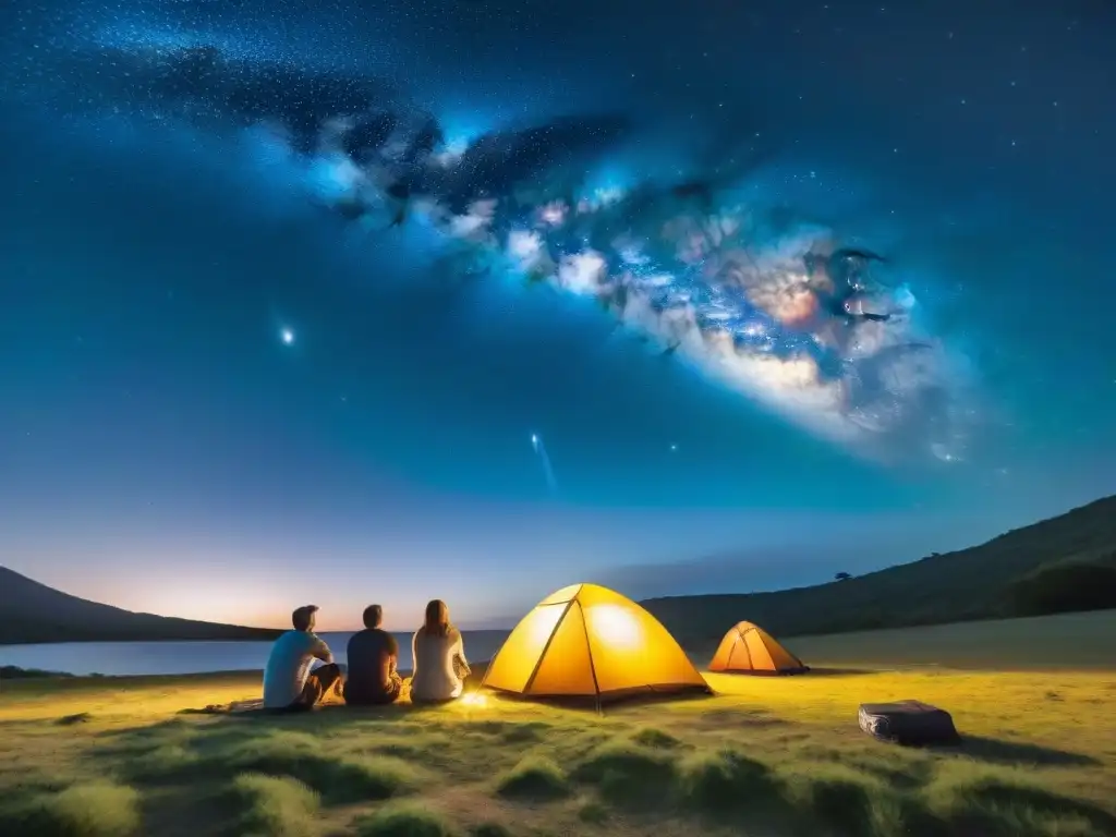 Explorando el cielo estrellado: campamento astronómico en Uruguay Grupo de campistas en Uruguay bajo un cielo estrellado, usando las mejores apps de astronomía