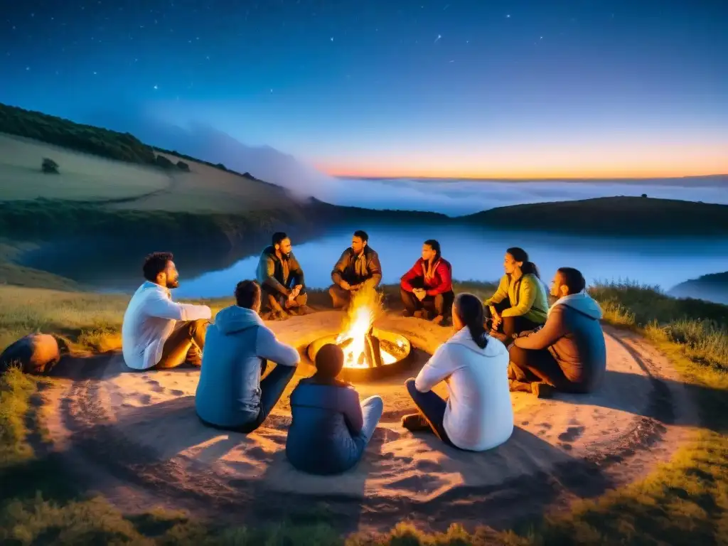 Terapia mindfulness junto al fuego en Uruguay Grupo de campistas en círculo alrededor de fogata bajo cielo estrellado en Uruguay, en ejercicio de primeros auxilios psicológicos camping Uruguay