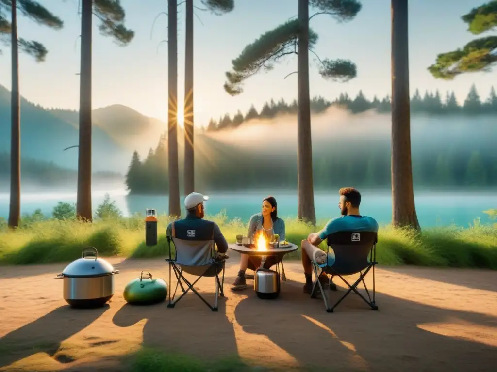Cocina inteligente en medio del bosque: camping moderno Un grupo de campistas disfruta de una cocina portátil inteligente en el bosque