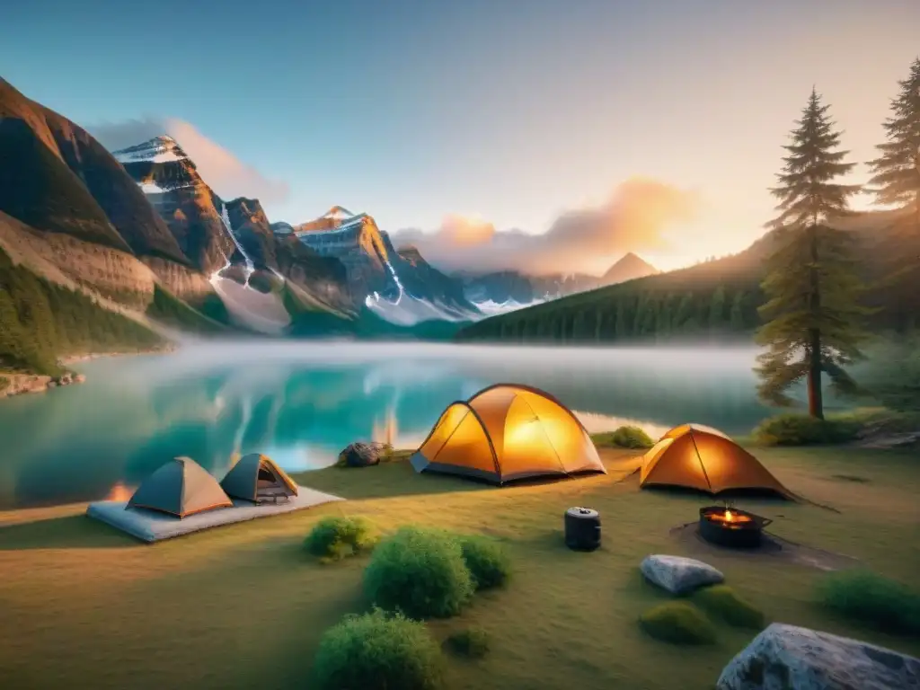 Cocina inteligente en camping: tecnología y naturaleza Un grupo de campistas disfruta de una cocina portátil inteligente en un hermoso campamento al atardecer