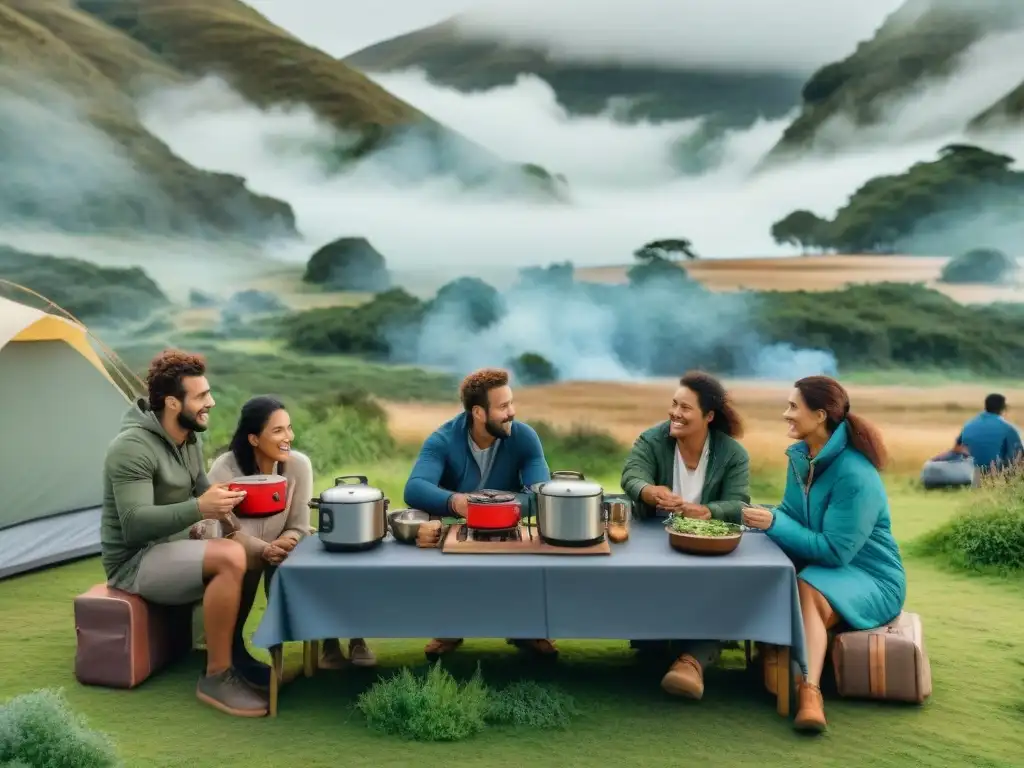 Cocina al aire libre en Uruguay: campamento comunitario en la naturaleza Un grupo de campistas disfruta cocinando en cocinas portátiles en un entorno natural en Uruguay