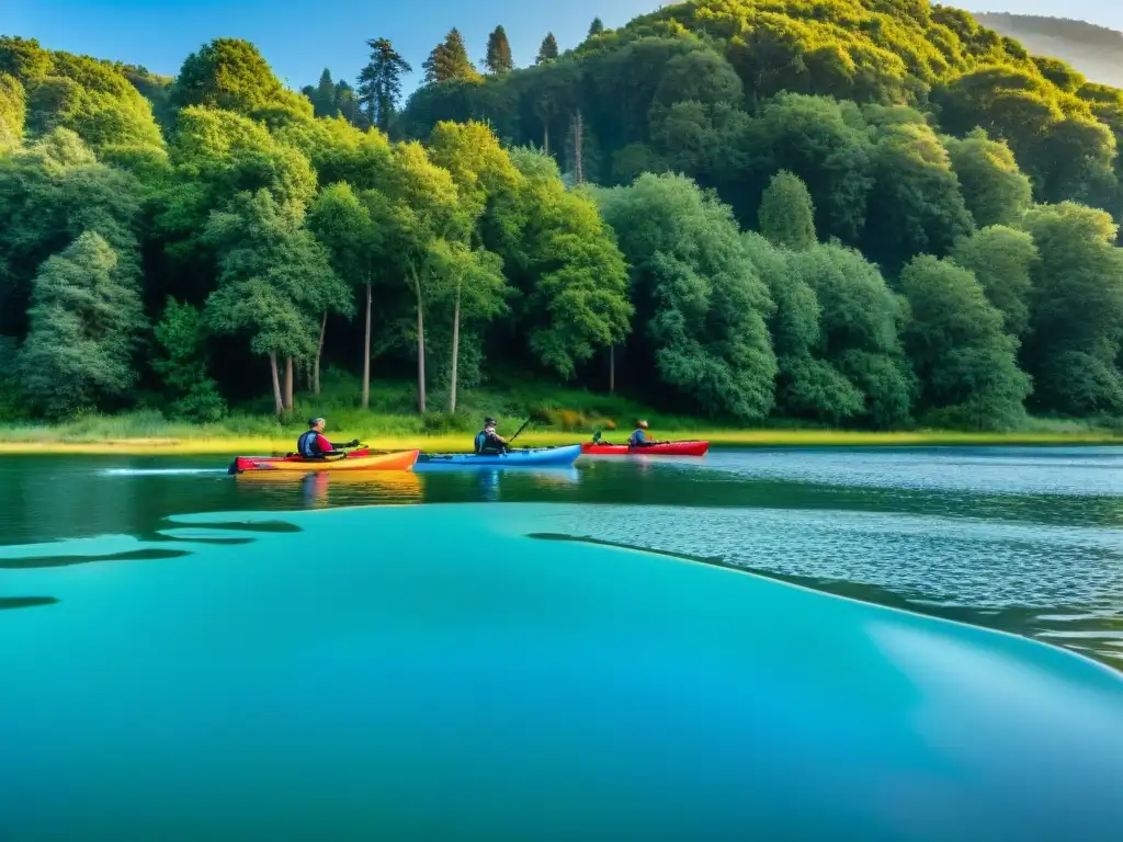 Excursión en kayak: aventura segura en un lago sereno Grupo de campistas en kayaks coloridos disfrutando de los deportes acuáticos en un lago sereno de Uruguay