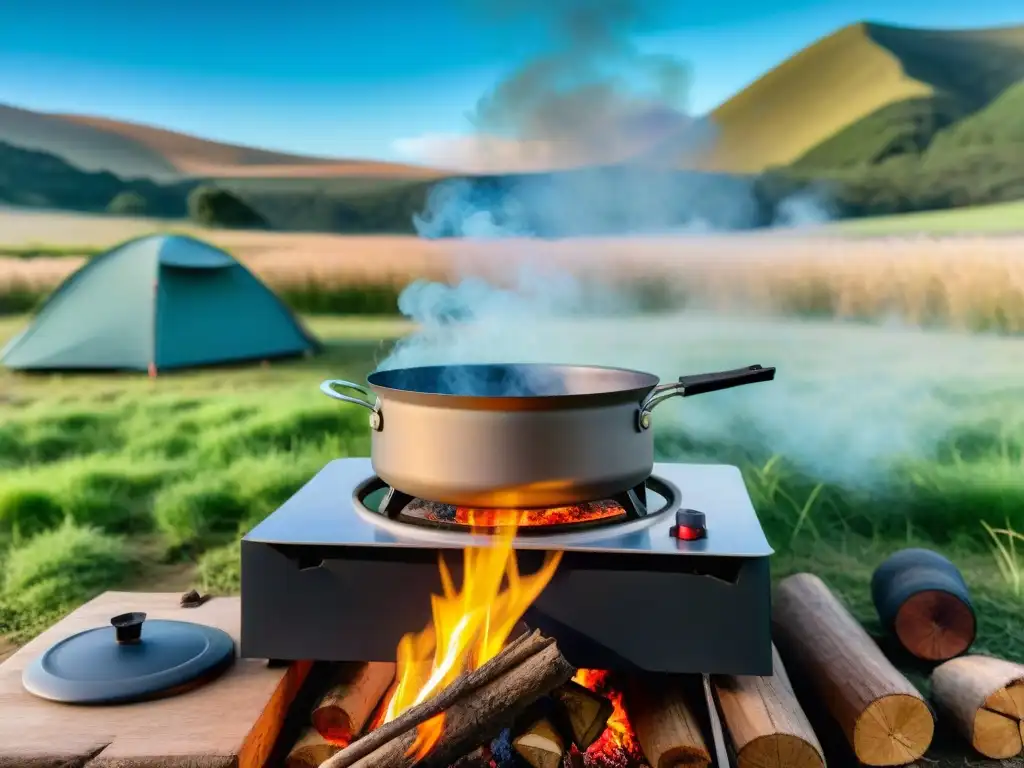 Cocina al aire libre: Campamento en Uruguay Un grupo de campistas disfrutando de una comida cocinada en una cocina portátil en el campo de Uruguay