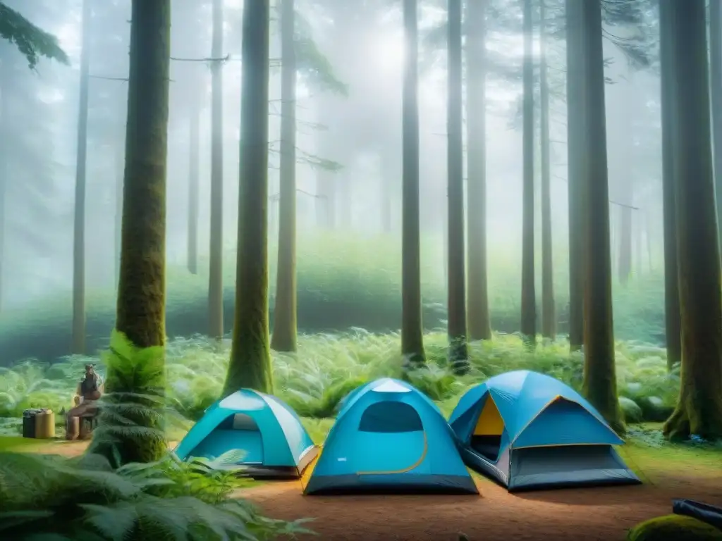 Campamento sostenible: cuidando la naturaleza Un grupo de campistas practicando consejos para camping sostenible en un bosque verde y soleado